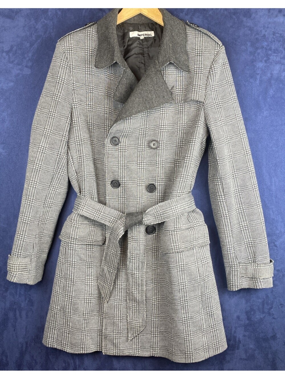 Imperial Men’s XL  Gray Herringbone Tranch Coat Belted Made In Italy